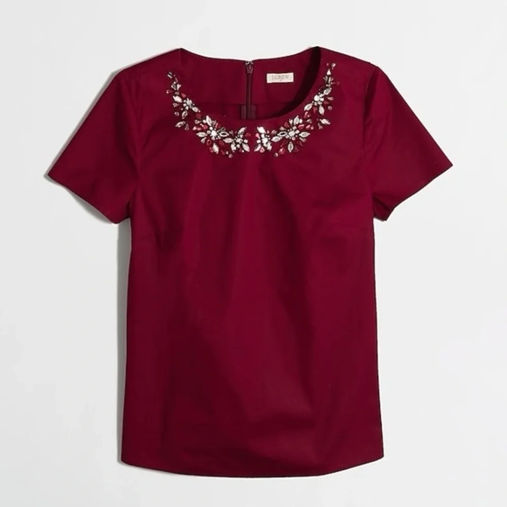 J. Crew Burgundy Red Jeweled Neckline Short Sleeve Blouse Top - Size 4 - Picture 1 of 6